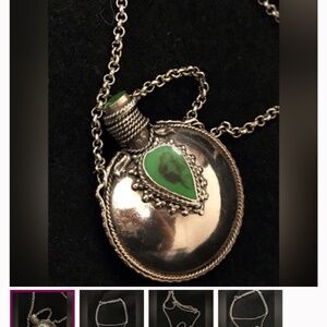 Vintage perfume bottle necklace chain link silver malachite brass mcm mid cent